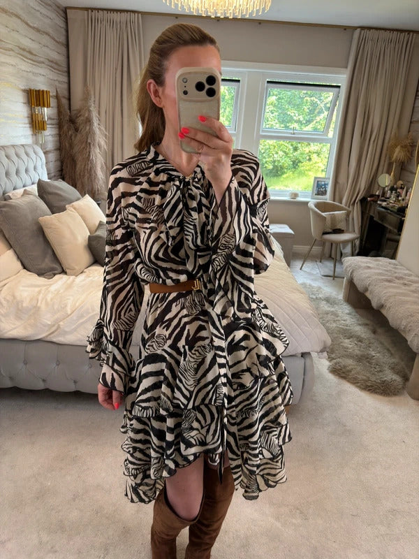 ARRI Black & Cream Sheer Dip Hem Frill Animal Print Dress 10