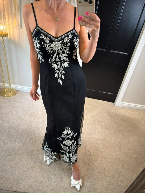 Wallis Black Embroidered & Embellished Midi Dress Size 8