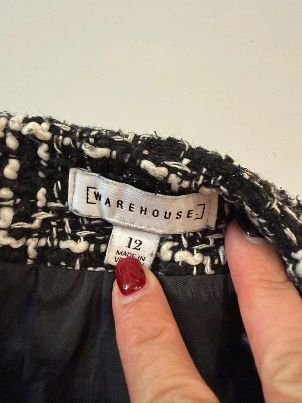 Warehouse Black & White Metallic Tweed Mini Skirt 12