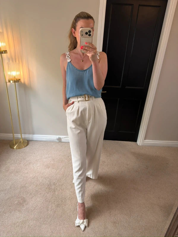 Boutique Light Denim Flower Blouse One Size