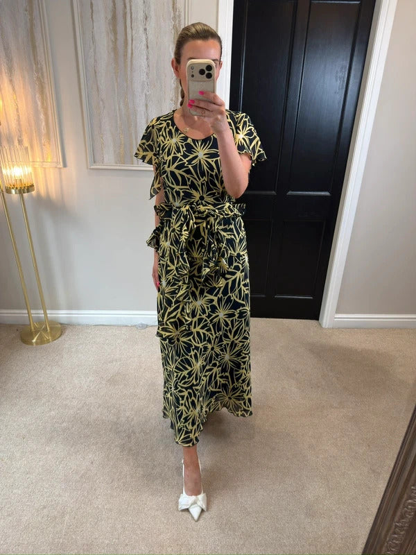 Vintage Roman Black & Butter Yellow Floral Frill Dress