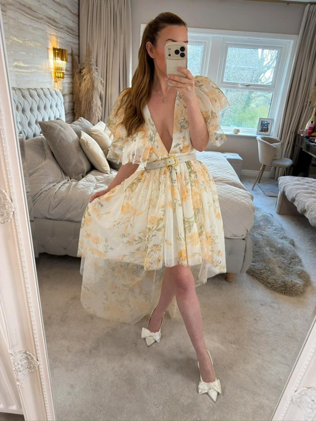 River Island Luxe Yellow Floral Tulle Dip Hem Dress 12
