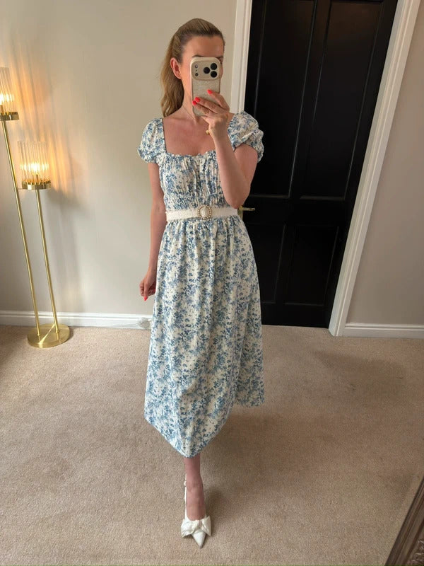 H&M White & Blue Floral Midi Dress Small