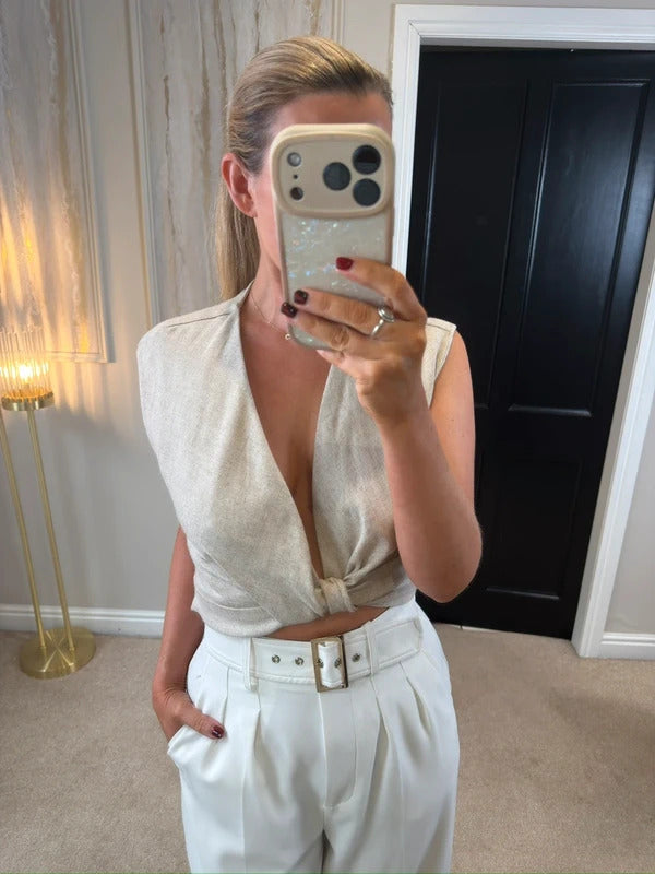 BNWT Zara Oatmeal Linen Blend Twist Front Blouse Small