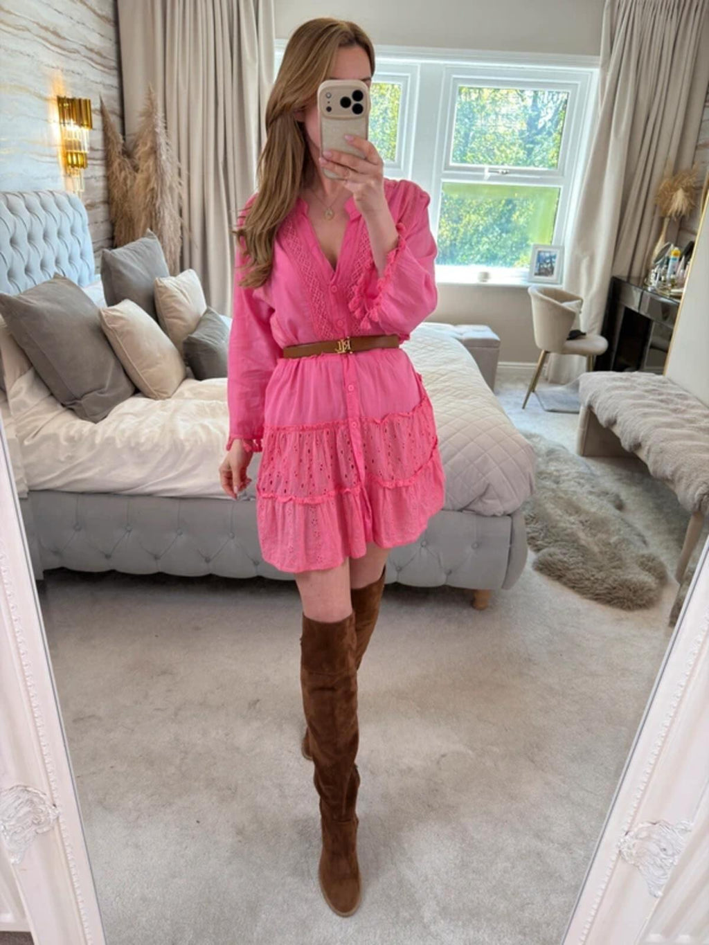 American Flirt Pink 100% Cotton Mini Dress Large
