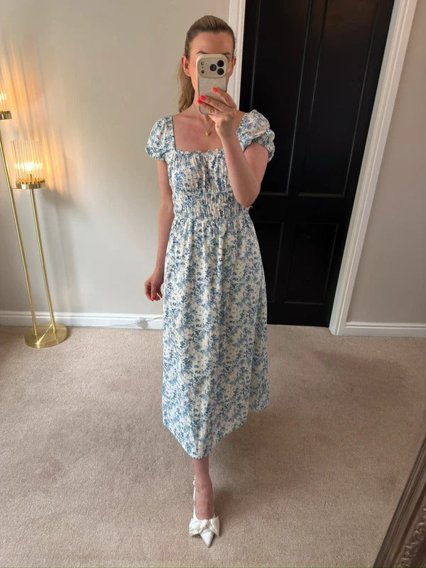 H&M White & Blue Floral Midi Dress Small