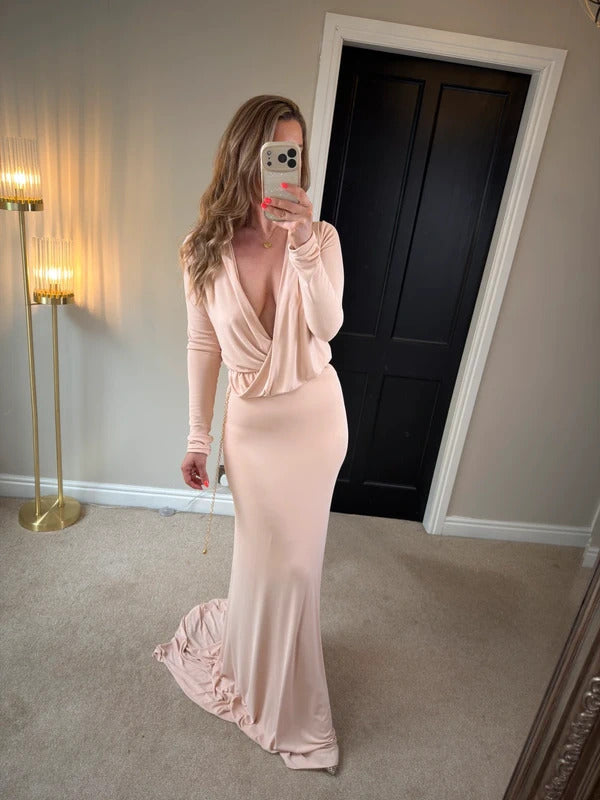 Gorgeous Couture Light Pink / Nude Plunge Dress Small