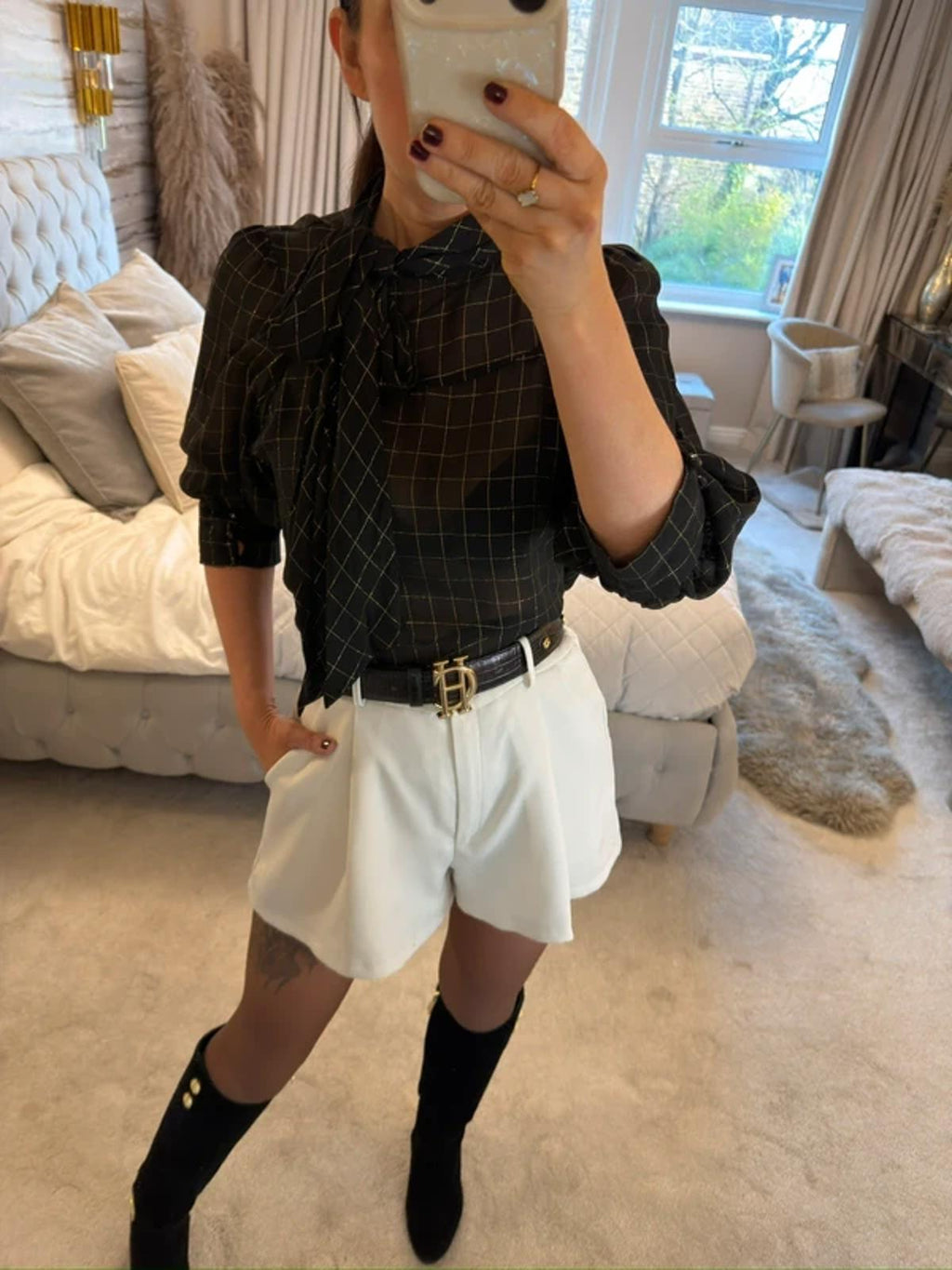 H&M Vintage Sheer Black & Gold Pussy Bow Blouse 10