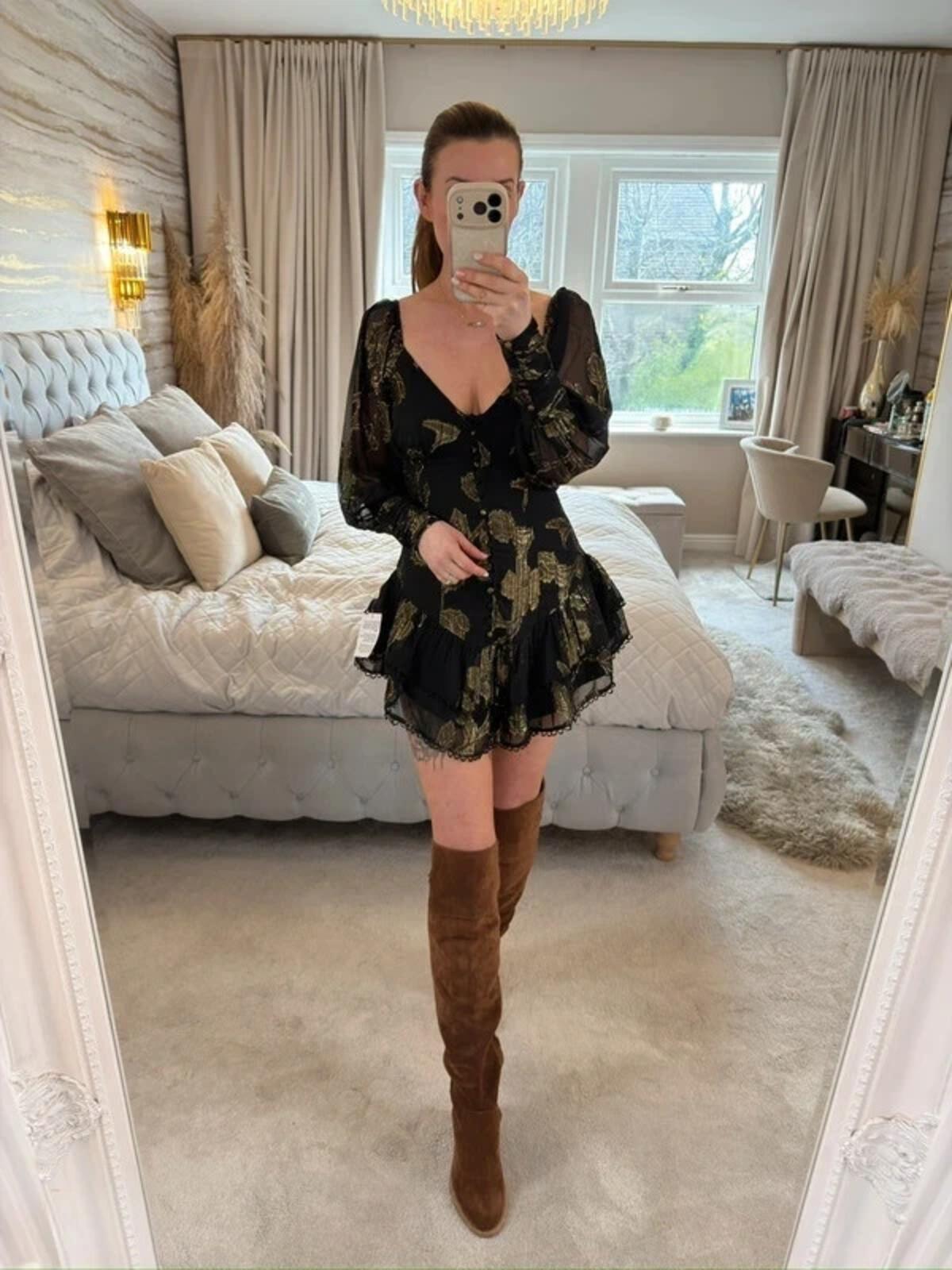 BNWT Black & Gold Frill Boho Mini Dress Petite 6