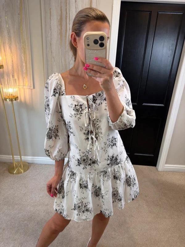 H&M White Floral Tie Front Drop Hem Dress Medium BNWT