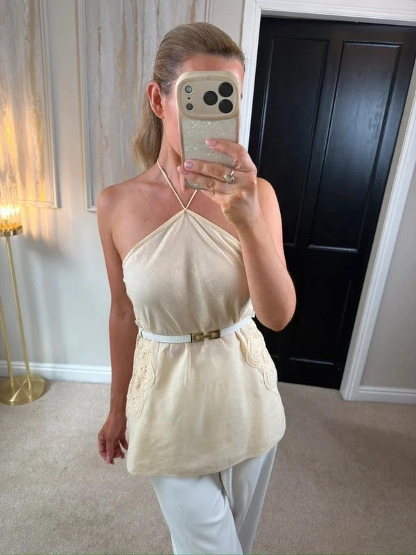 M&S Cream Linen Blend Crochet Blouse 14