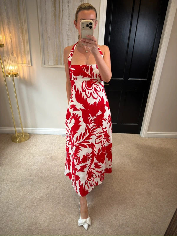 BNWT Zara Red & White Linen Blend Dress Large