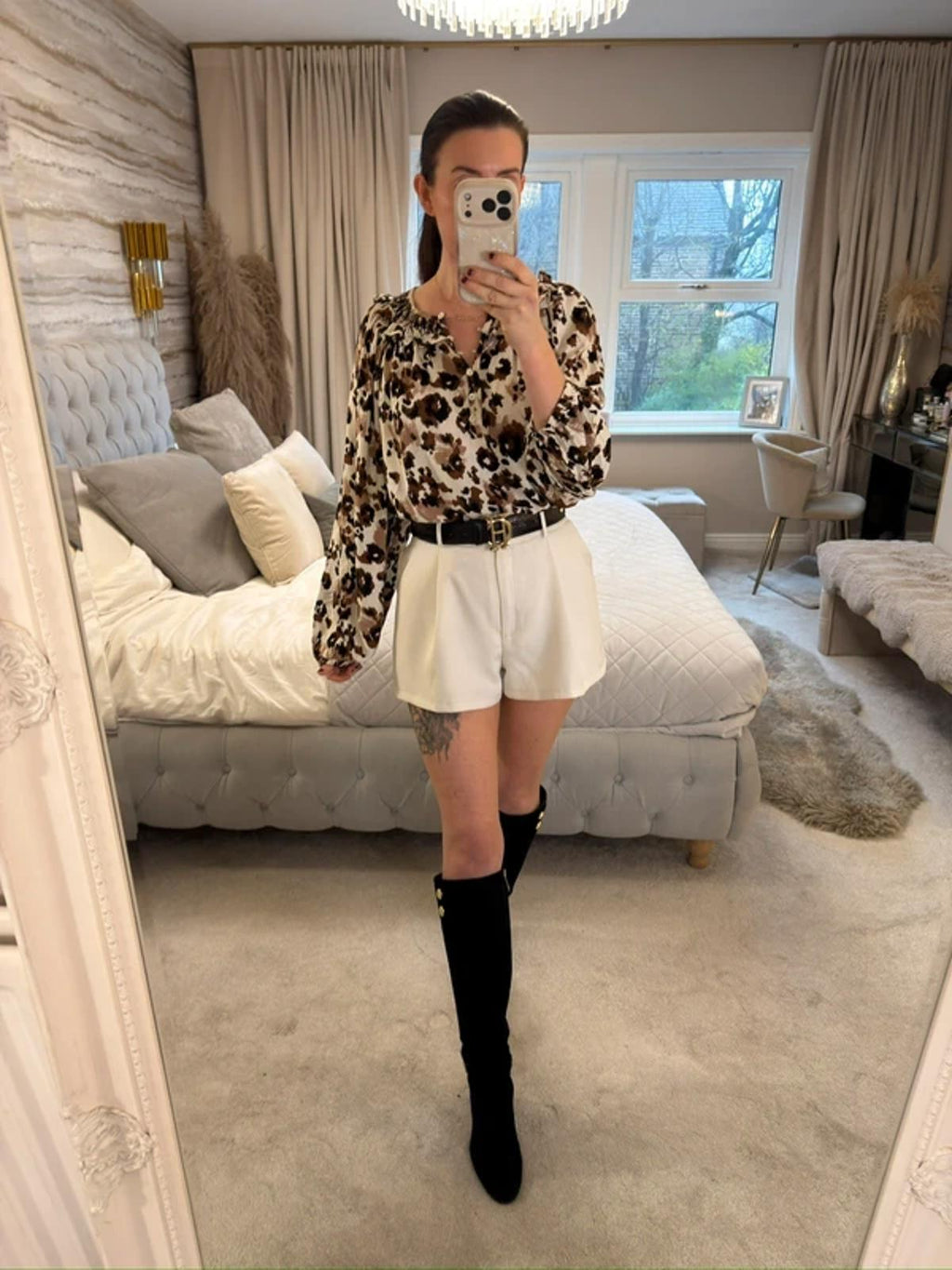 White & Brown Boho Animal Print Blouse 16