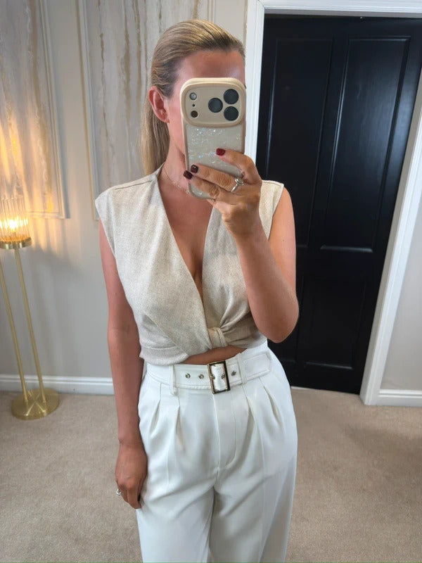BNWT Zara Oatmeal Linen Blend Twist Front Blouse Small