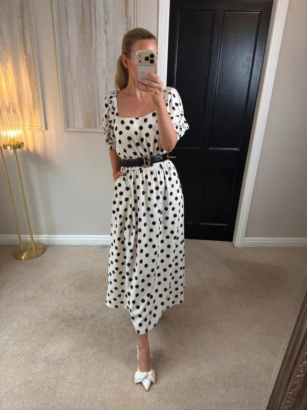 Flounce London Off White & Black Polka Dot Midi Dress 14