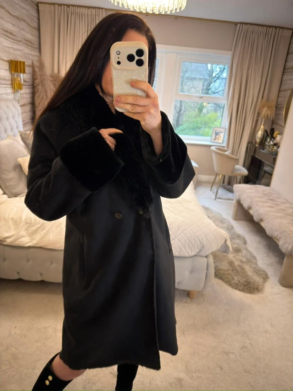 Jigsaw Black Faux Fur Coat Medium