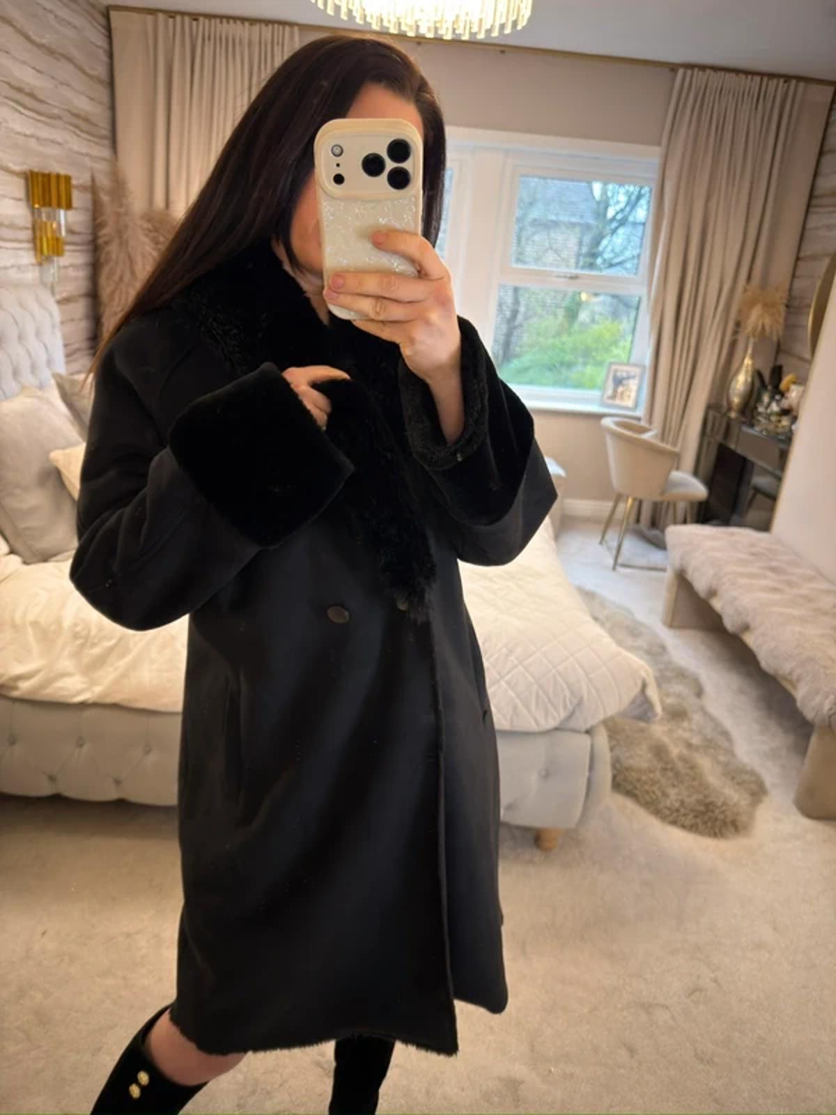 Jigsaw Black Faux Fur Coat Medium