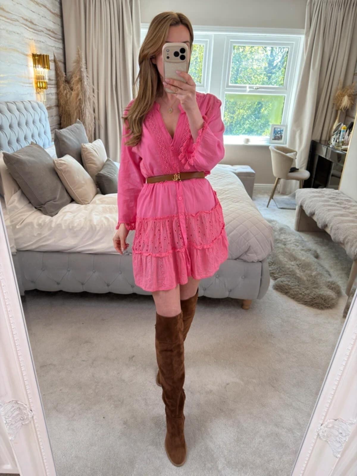 American Flirt Pink 100% Cotton Mini Dress Large