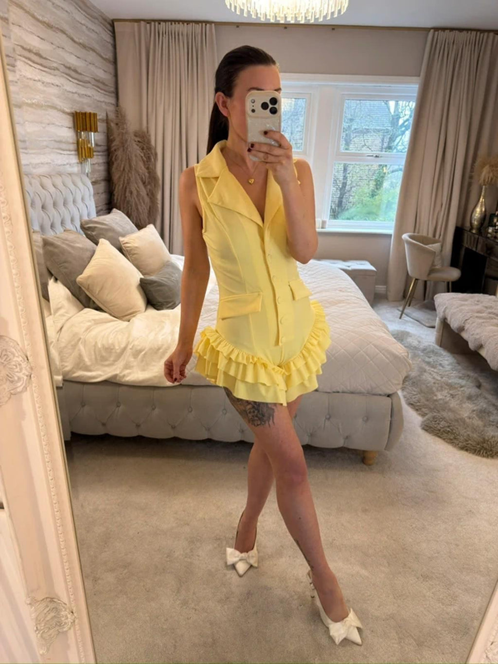 Retro Stage 1960s Yellow Frill Playsuit Small