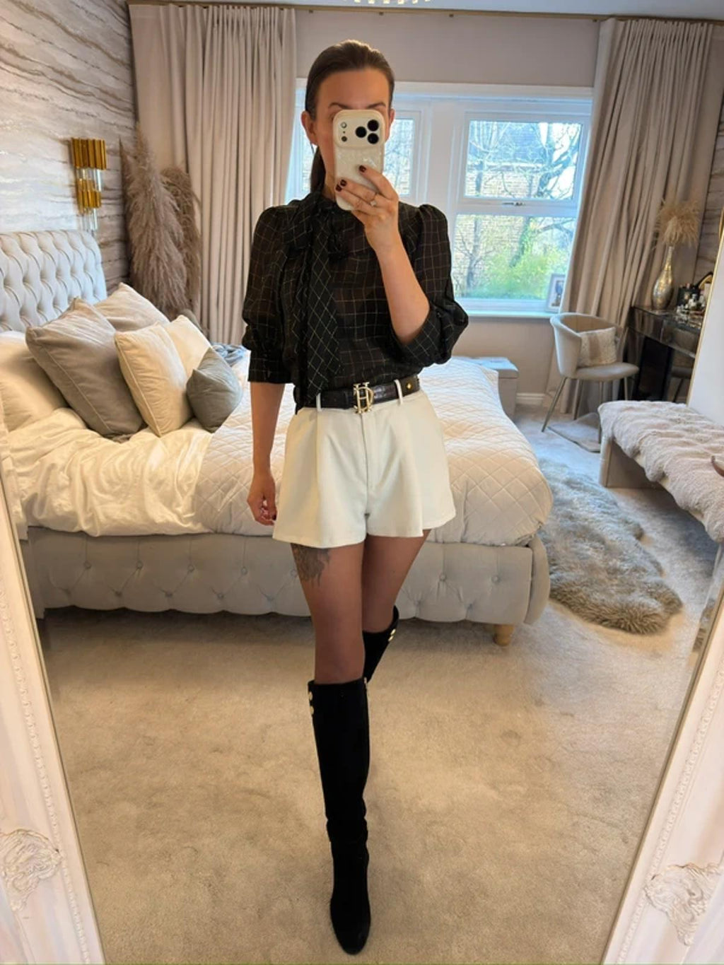 H&M Vintage Sheer Black & Gold Pussy Bow Blouse 10