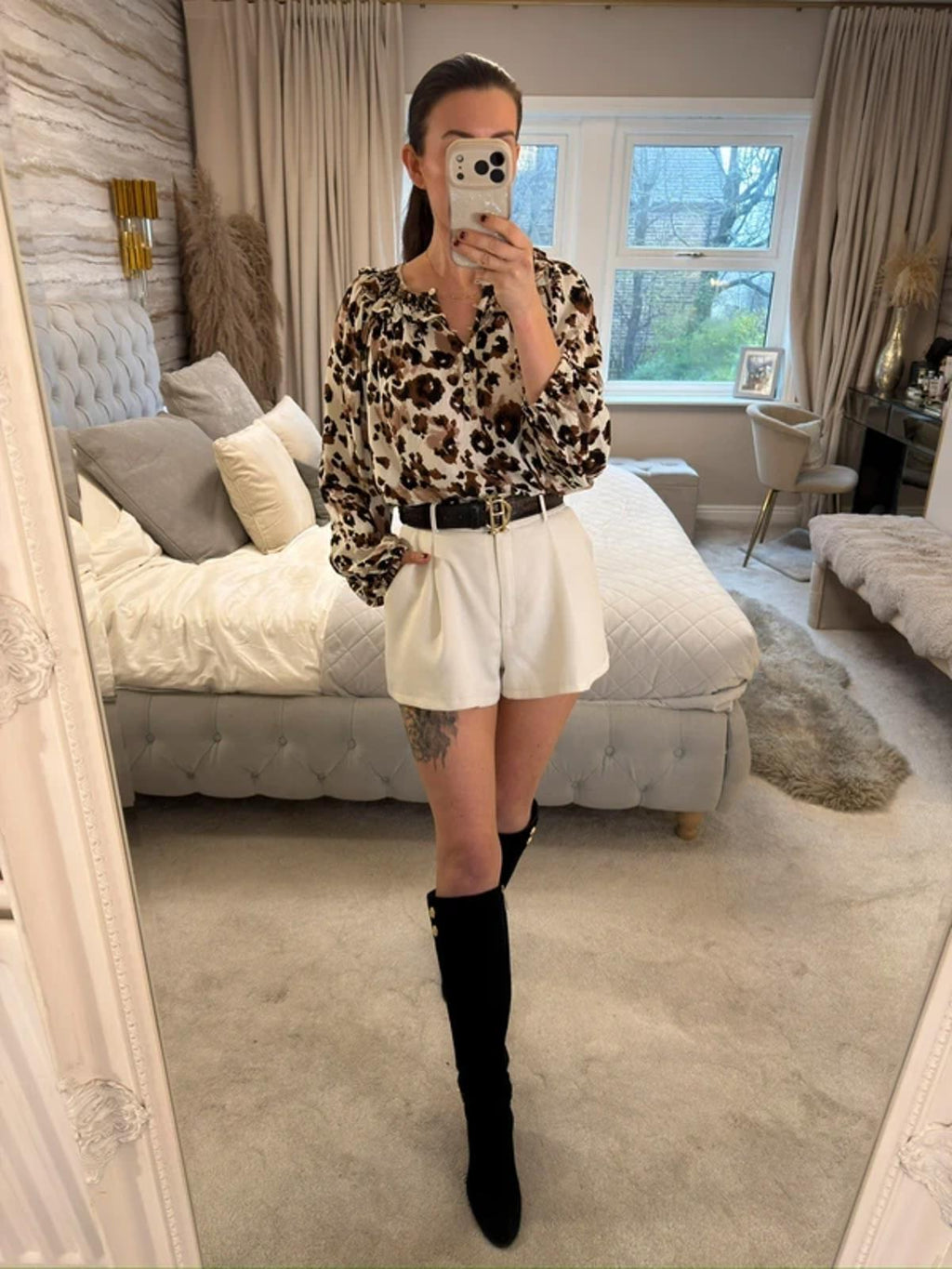 White & Brown Boho Animal Print Blouse 16