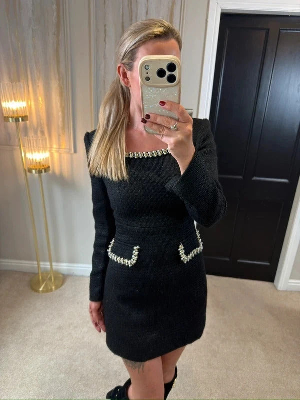 Sierra Darien Black Sparkle Tweed Embellished Dress Mediun