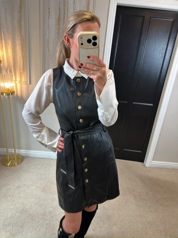 F&F Black Faux Leather Belted Dress 10