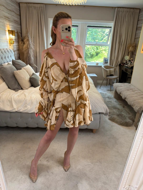 ASOS Beige & Brown Boho Gold Chain Open Back Mini Dress 10