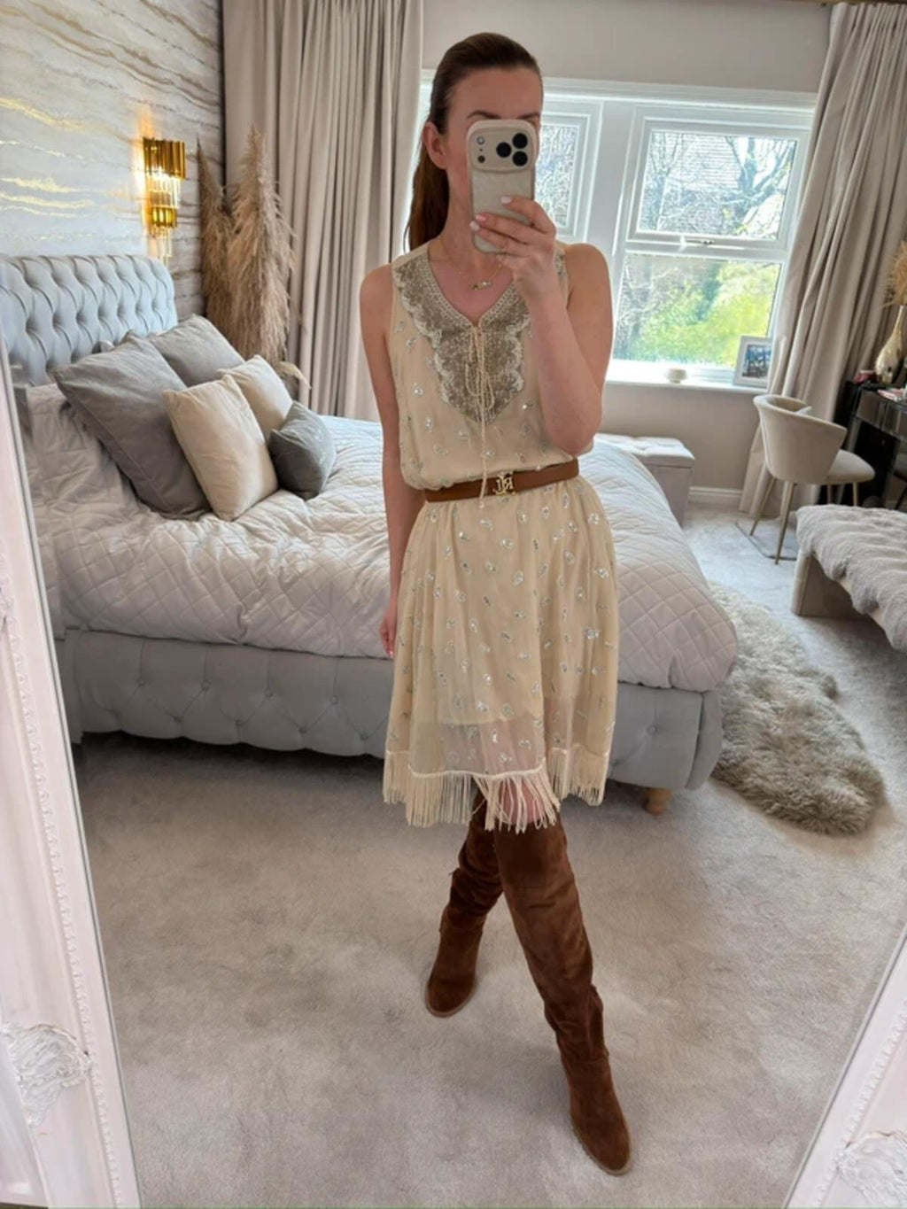 ⭐ Shilpavan Decor Exclusive Beige Boho Tassel Embellished Dress Medium