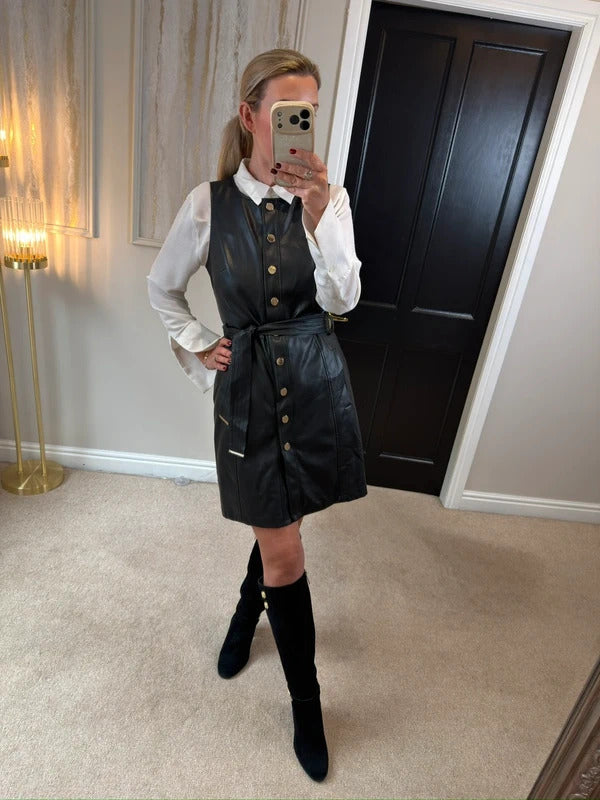 F&F Black Faux Leather Belted Dress 10