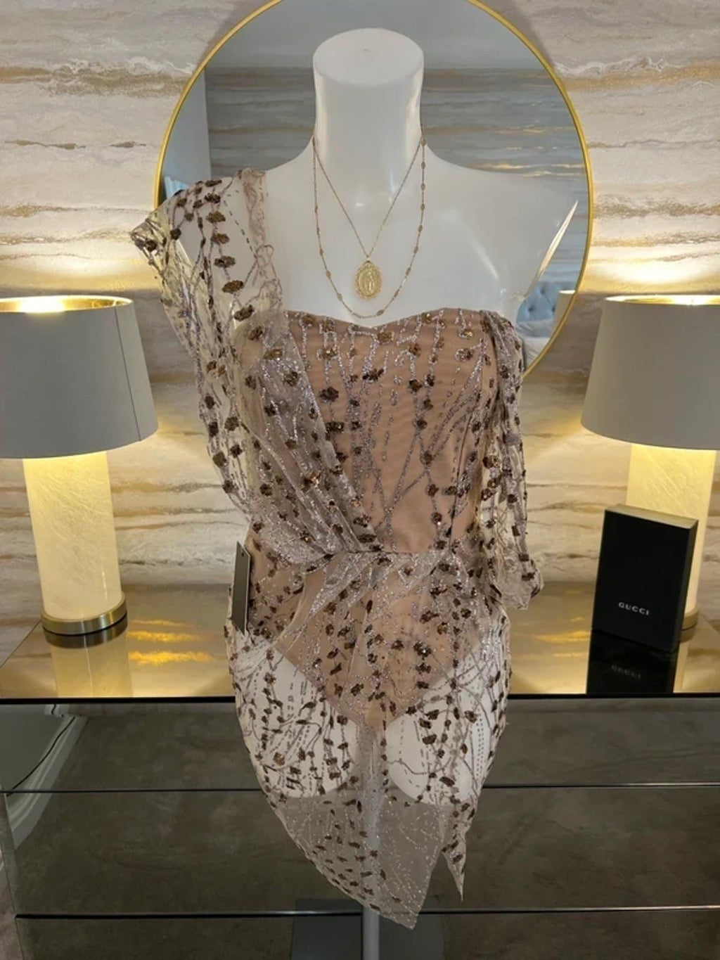 BNWT Dressmezee Nude Glitter Mesh Mini Dress Small