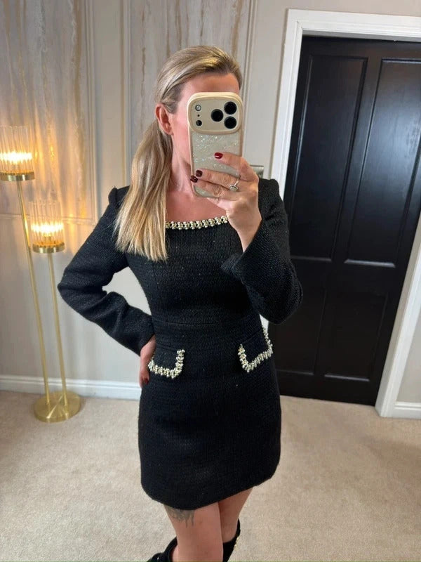 Sierra Darien Black Sparkle Tweed Embellished Dress Mediun