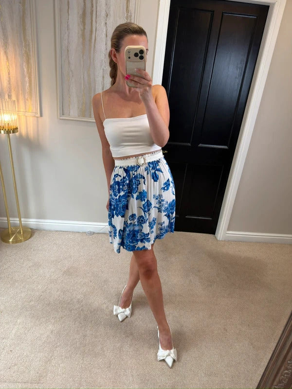 Cath Kidston White & Blue Floral Skirt Small