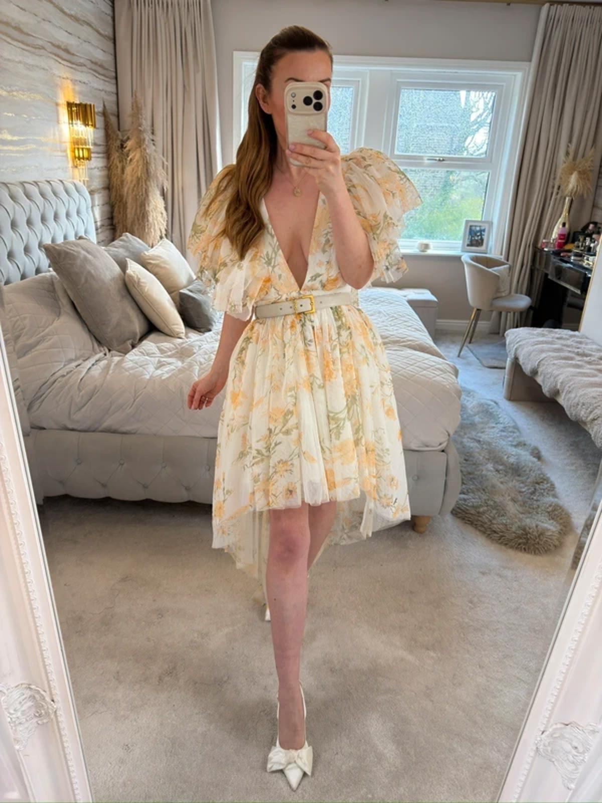 River Island Luxe Yellow Floral Tulle Dip Hem Dress 12