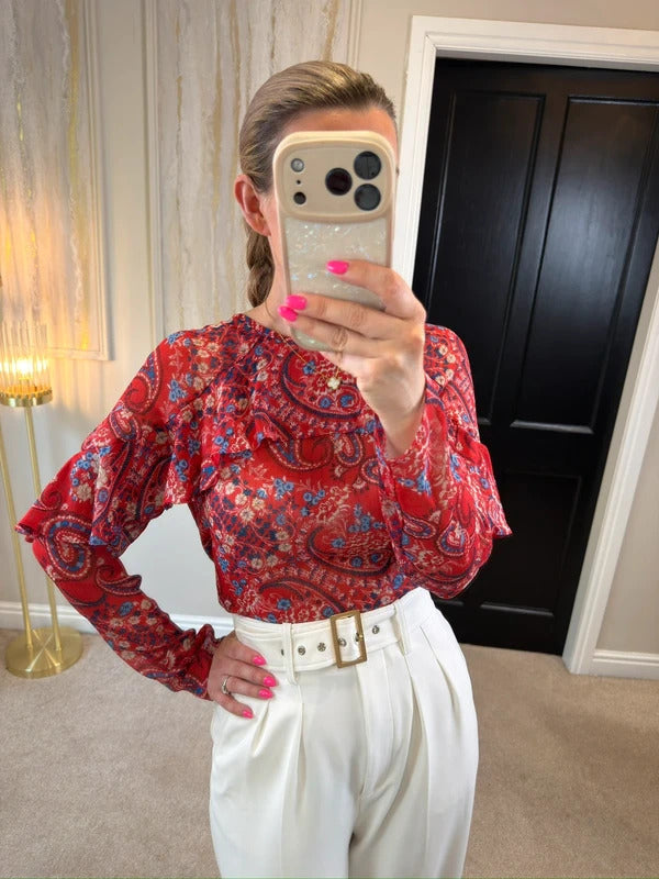 Papaya Red & Blue Sheer Paisley Frill Blouse 10