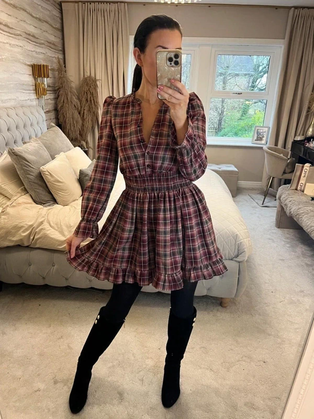 PrettyLittleThing Burgundy Tartan Mini Dress 4/6
