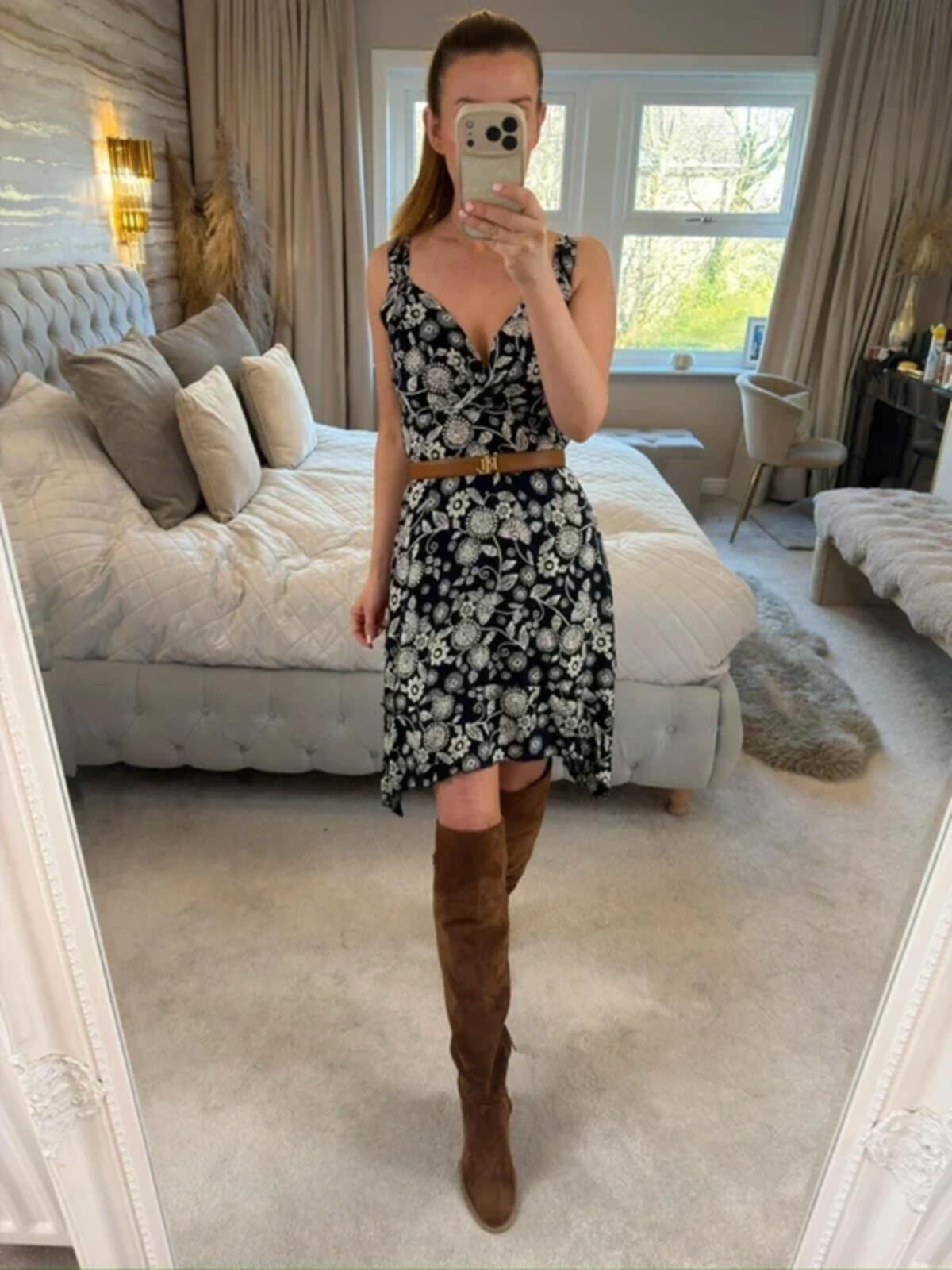 Apricot Navy Floral Asymmetrical Hem Dress 8