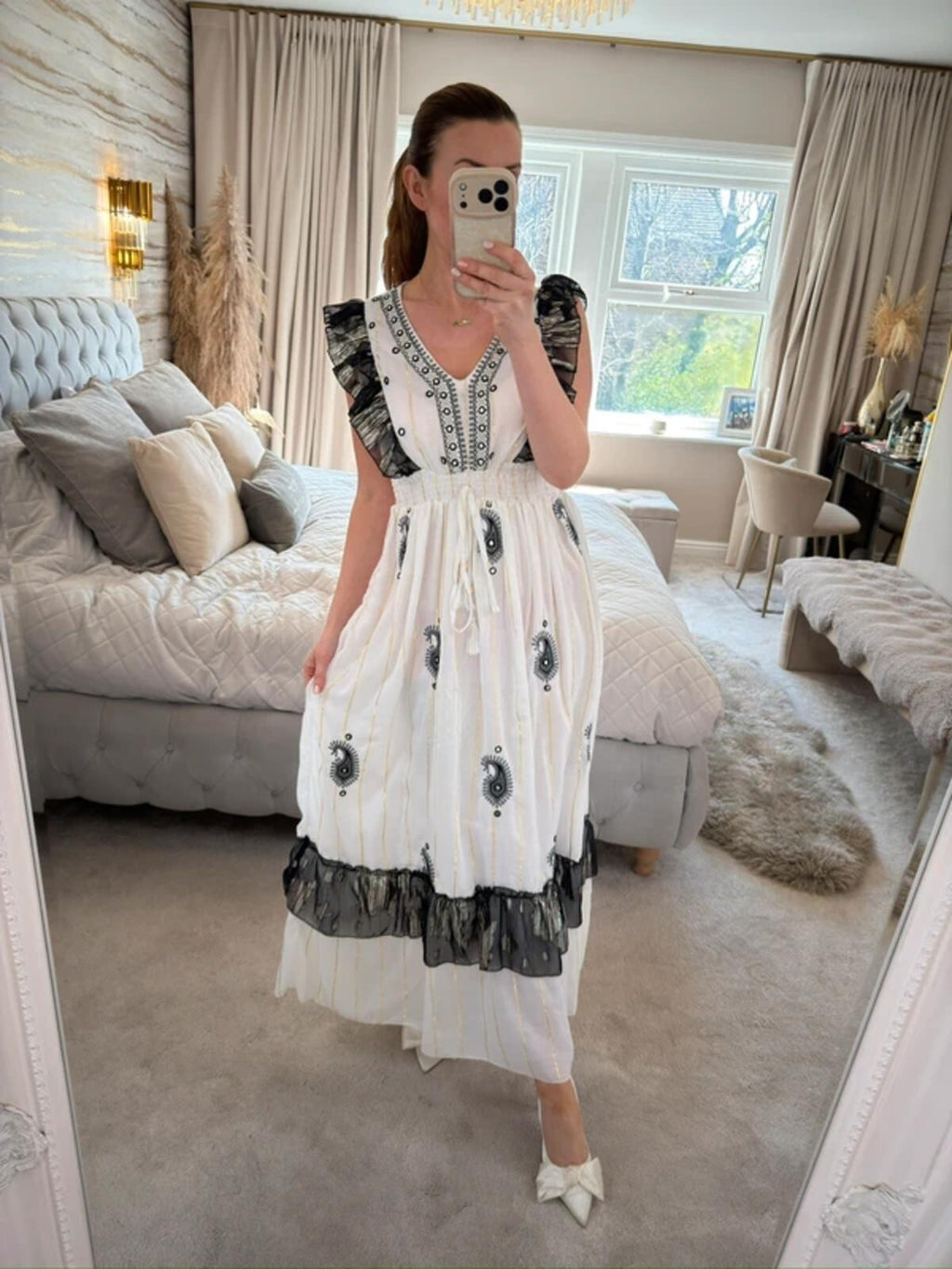 Boutique White & Black Boho Embellished Dress One Size