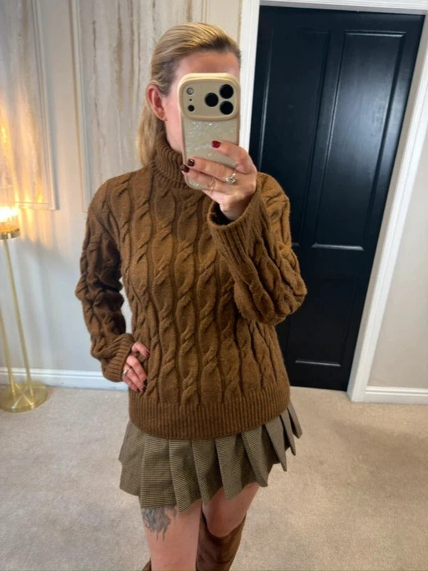 M&S Brown Cable Knit Roll Neck Jumper Medium