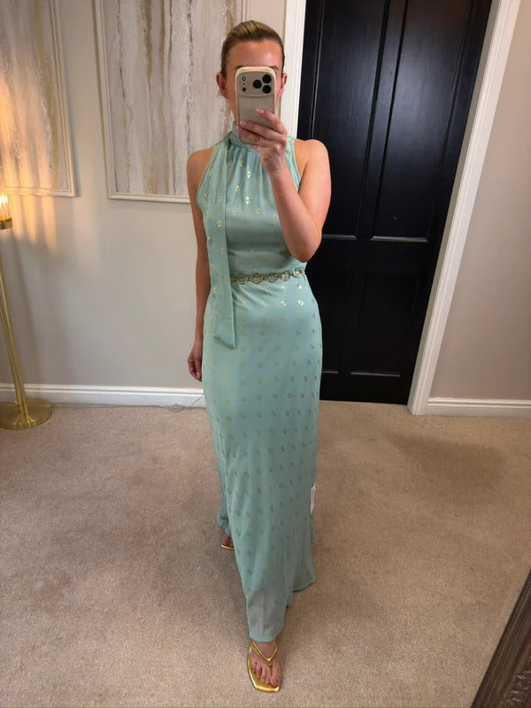 BNWT Jodie Moi Mint Green & Gold Tie Neck Maxi 10