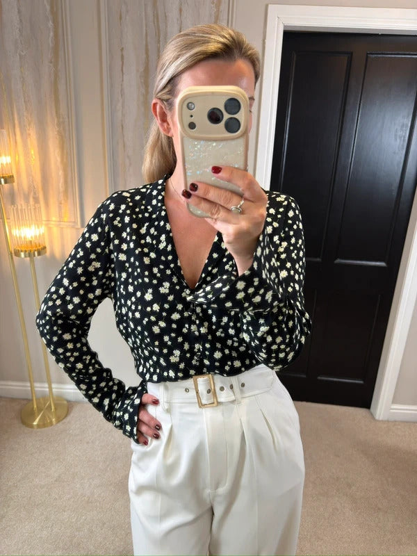 M&S Black Daisy Button Front Blouse 8
