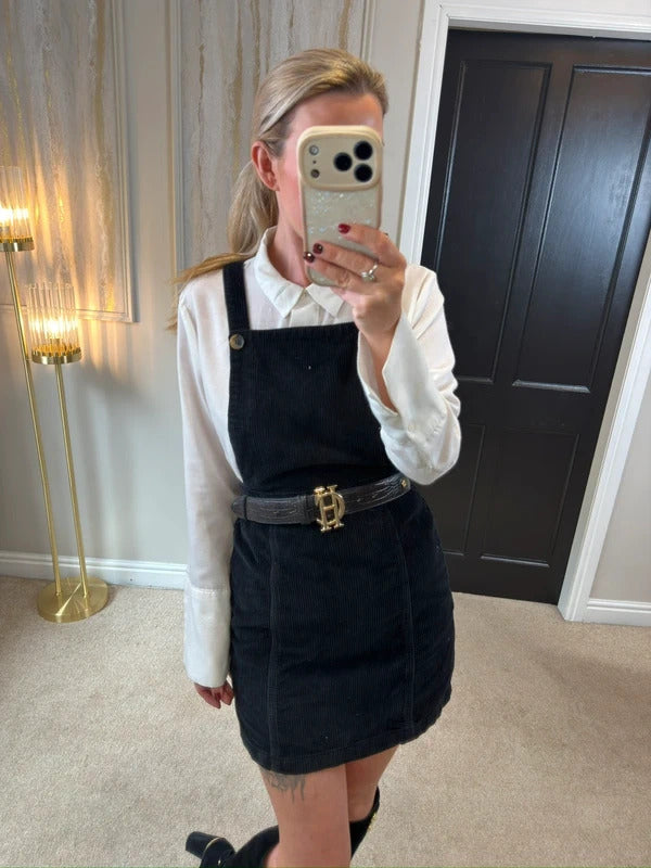 Topshop Black Corduroy Pinafore Dress 8