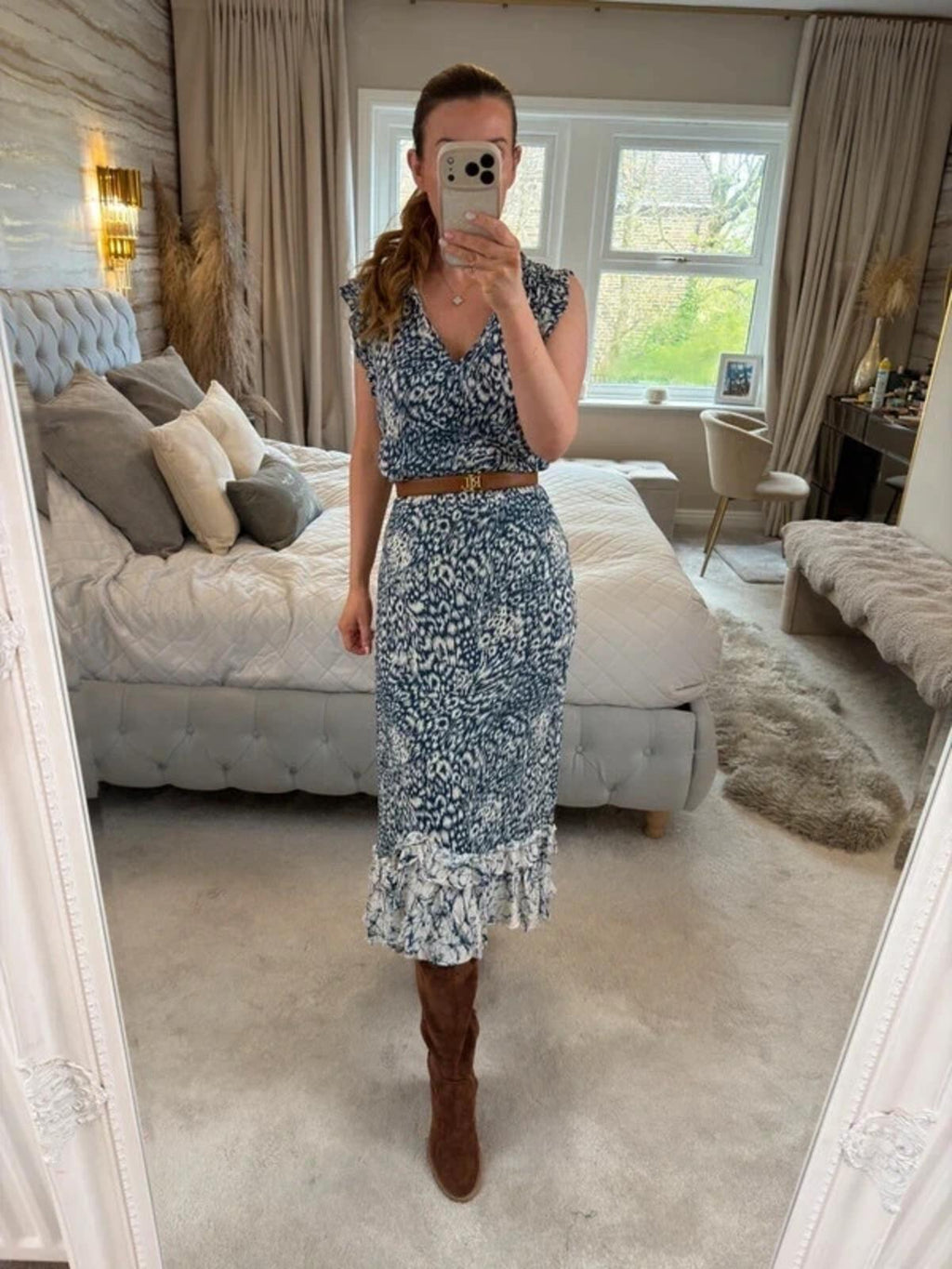 Oasis Navy & White Midi Dress Medium