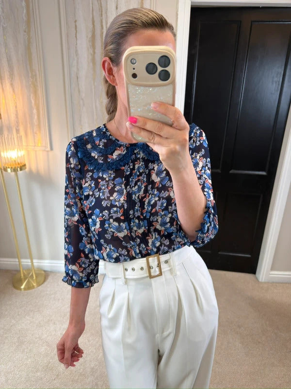 River Island Semi Sheer Blue Floral Lace Collared Blouse 12