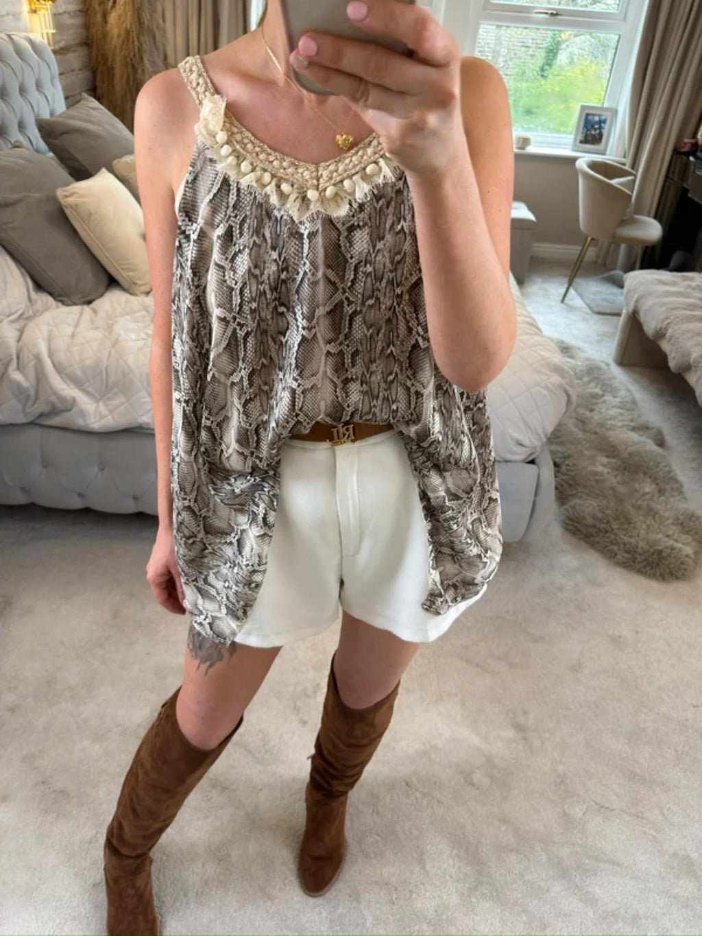 Boho Snakeprint Lace Floaty Blouse One Size