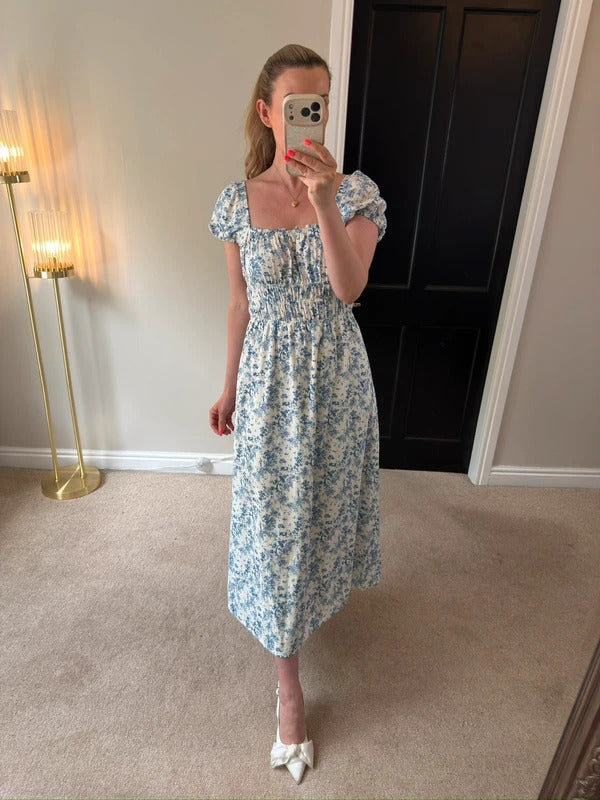 H&M White & Blue Floral Midi Dress Small