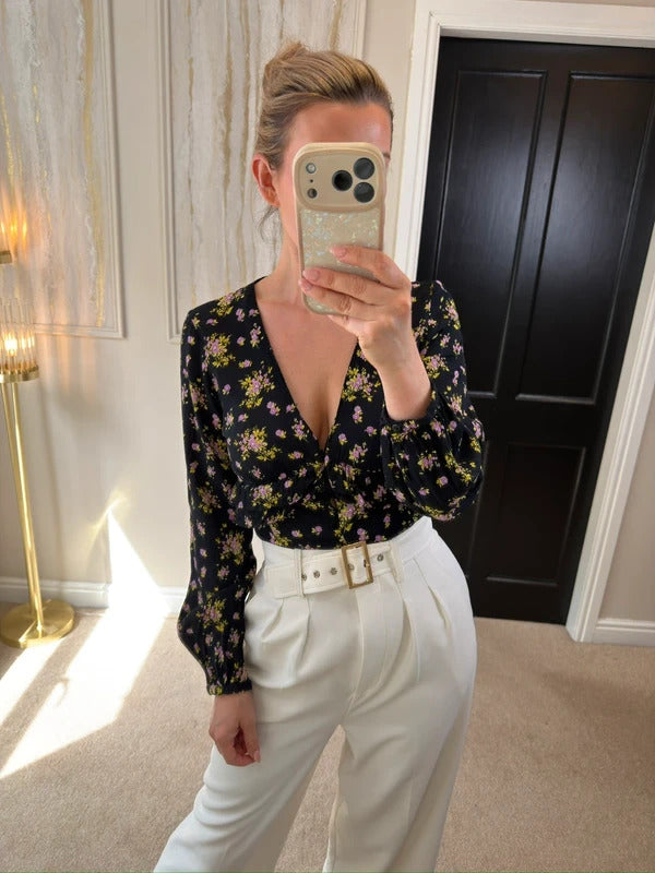 Zara Black Floral Print Frill Blouse XS