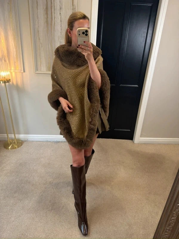 Boutique Brown Tweed Wool Blend Faux Fur Poncho One Size