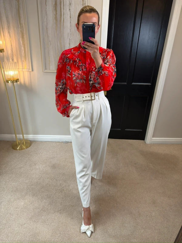 French Connection Red Sheer Floral Frill Blouse 10