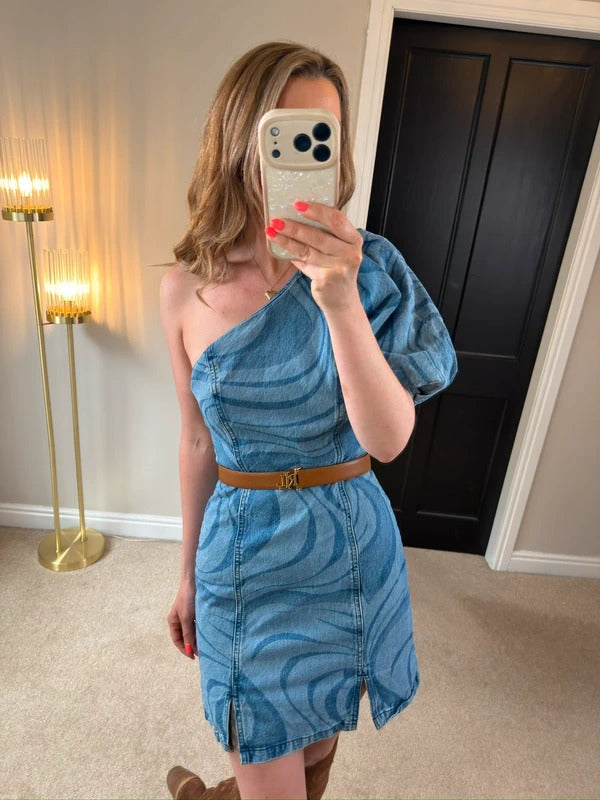 ASOS Denim One Shoulder Puff Sleeve Retro Style Mini Dress Size 10